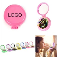 Round Mini Compact Massage Comb With Mirror